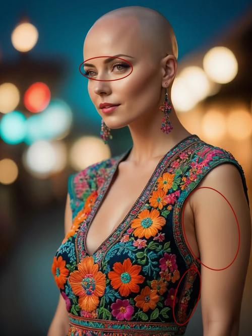 Здесь у героини слишком гладкая, будто силиконовая кожа (особенно это заметно на руках) — это не свойственно обычной ретуши и фильтрам. Ее глаза смотрят в разные стороны, а цветочный паттерн на одежде несимметричен и деформируется там, где его хуже видно